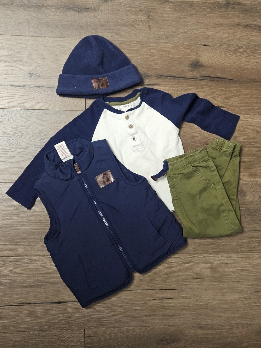 Kids Navy and Olive 4-Piece Matching Set - Cozy Navy Vest & Hat
